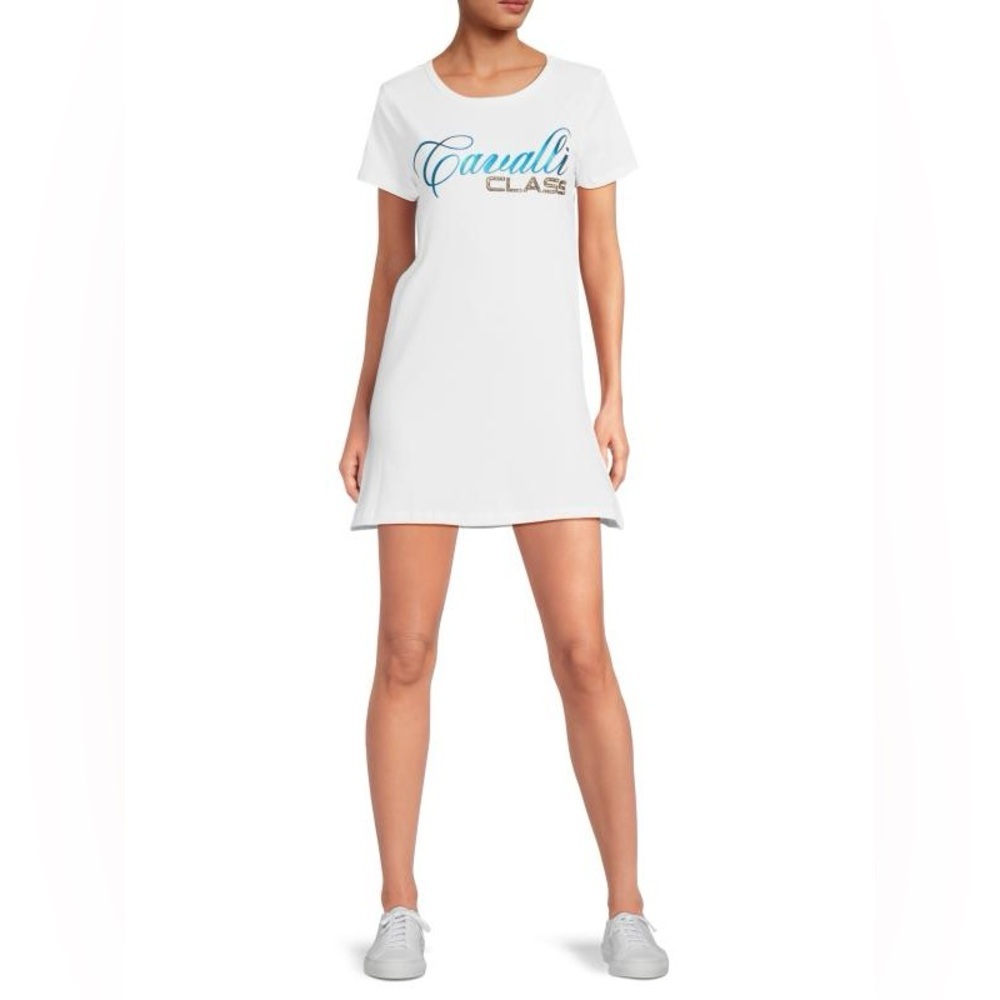 NWT Cavalli Class by Roberto Cavalli Logo T-Shirt Minidress White Size Large